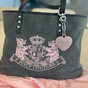 Vintage Juicy Couture Velour Crest Tote | Gray Pink Scottie  Embroidery + Charm